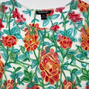 T&W Designs Womens XL Tunic Top Sheer Mesh Floral Embroidered Bell Sleeve Boho